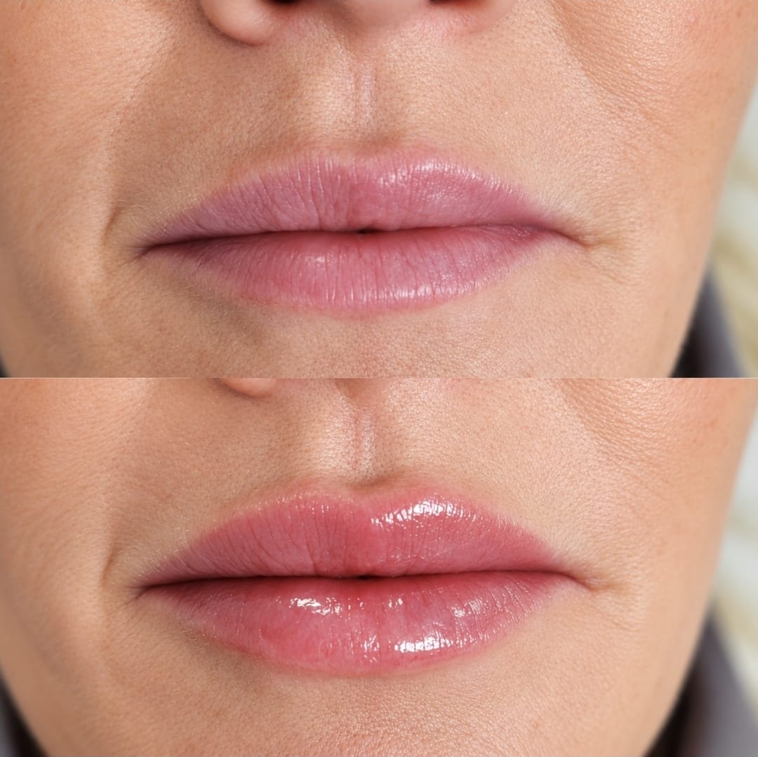 Before and after close-up of a client's lips shared by Aesthetics by D